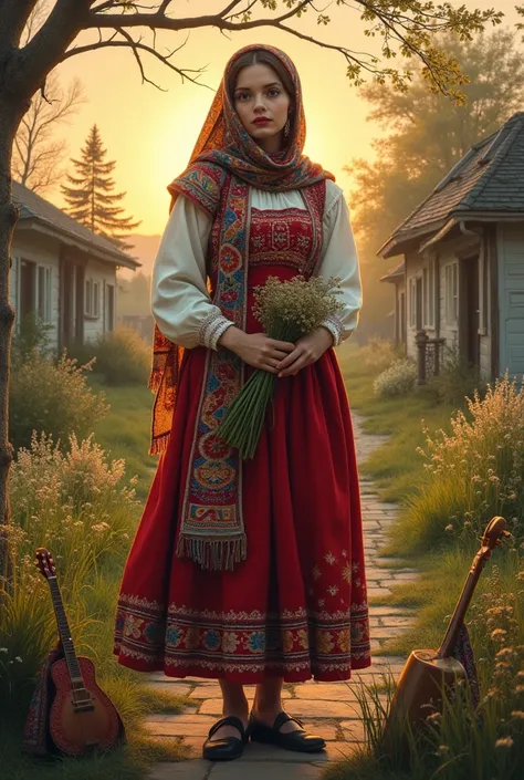  Central image :** Woman in traditional Ukrainian dress,  standing in the center of the composition .  on its head beautifully tied scarf  ( Ukrainian folk scarf ,  multicolored ,  with embroidery or floral pattern ),  that symbolizes culture and tradition...