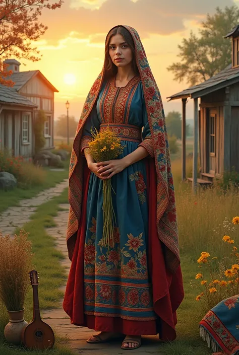  Central image :** Woman in traditional Ukrainian dress,  standing in the center of the composition .  on its head beautifully tied scarf  ( Ukrainian folk scarf ,  multicolored ,  with embroidery or floral pattern ),  that symbolizes culture and tradition...