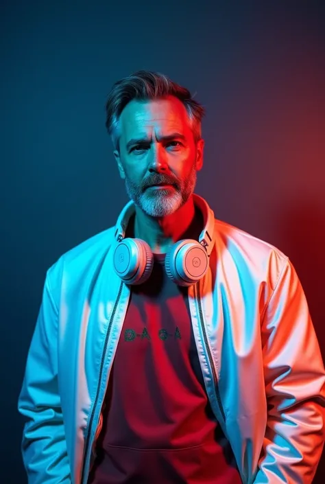 EDITORIAL PHOTOGRAPH  posing as dj FULL WIDE BODY SHOT  of a light skin   man in his 40s with short brown and white hair and a trimmed beard. handsome an fit. He is wearing around neck shite  headphones with a   logo and   modern shiny white jacket tom for...