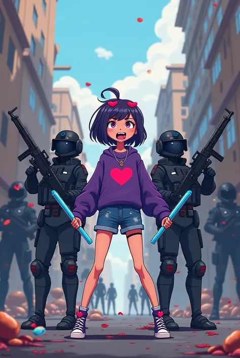 Futuristic special forces squad pointing their weapons at a slender girl with a crazy face sticking out her tongue in a tender way holding several blue short-haired candy weapons with a heart pin on her head with a short purple sweater with a heart in the ...