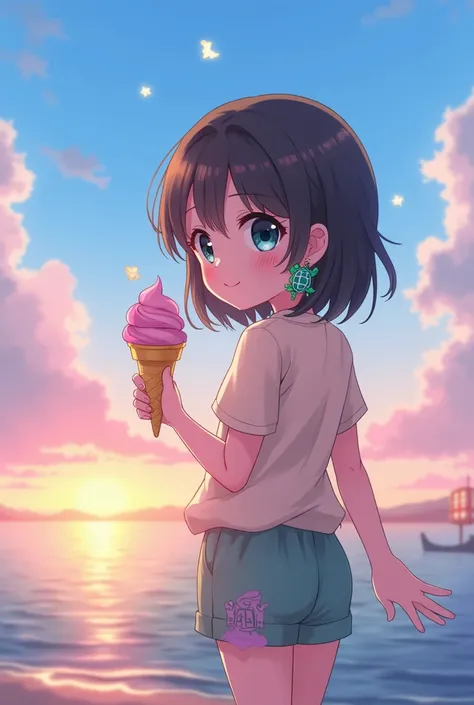  I want you to wear medium black hair, And Minion , holding an ice cream,  clothes with turtle earrings ,  and that the background is light blue with a sunset  