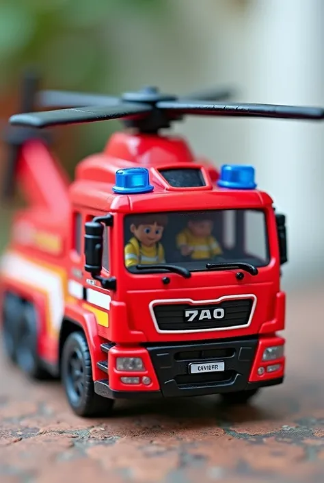 A toy helicopter for the most mature audience inside its package a firefighter helicopter a box of rens toys on the front side covered with acetate illustrations of firefighters uma caixa branca e vermelha