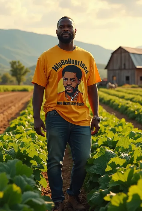 Black man wearing a Hiphoprince tshirt owning a farm 