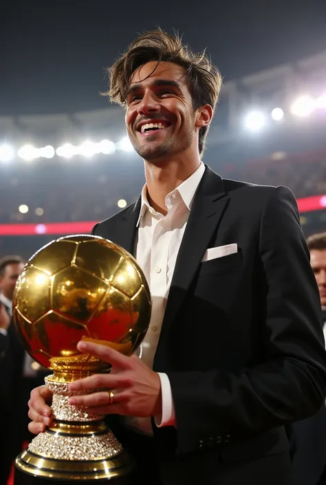 The professional footballer Brahim Diaz is at the ballon dor ceremony and wears an elegant suit. He wins the ballon dor that is a yellow ball with cristals on its base. Brahim holds it in his hands and smile . Brahim is a white person with disheveled hair.