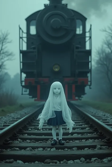 The ghost movie poster, without letters, is a cute Japanese student ghost wearing a Japanese school uniform, being overrun by a train half missing, crawling in on a scary train track.