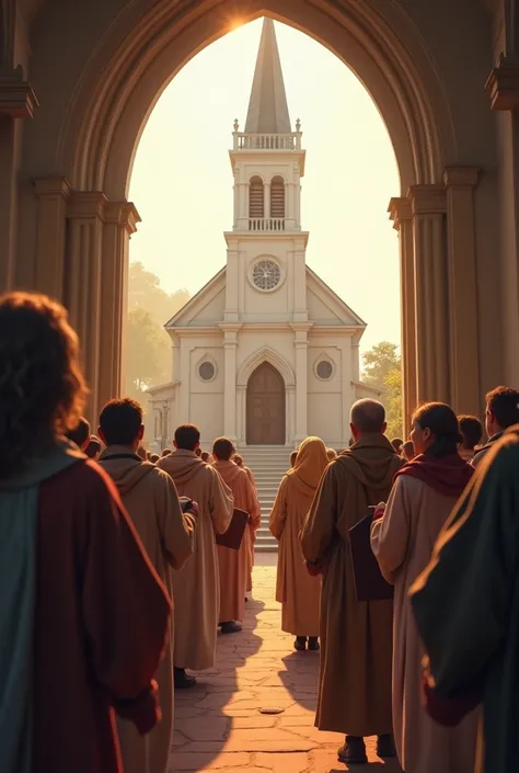 Christians happily entering a Protestant church, with the Bible in their hands .