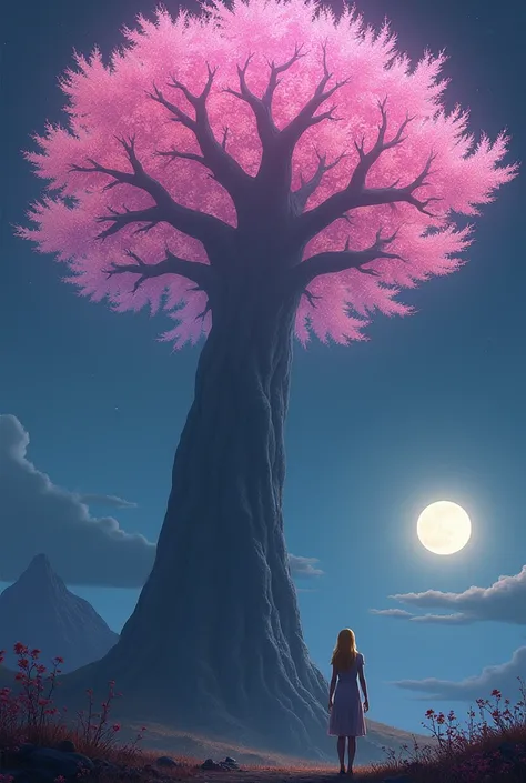 Un arbre geant au feuilles roses luisantes  dans la nuit et une belle adolescente blonde regarde larbre comme impressionnée par sa grandeur 