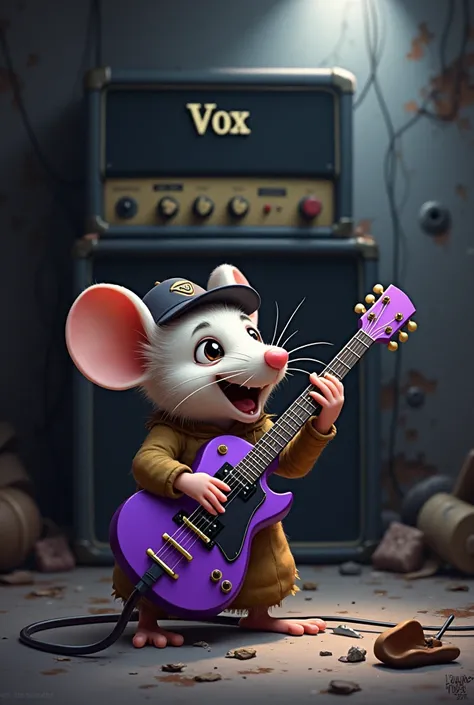 Cute little mouse Slash Style, playing Purple guitar. In a dark and dirty place, with lights on top of the VOX brand speaker