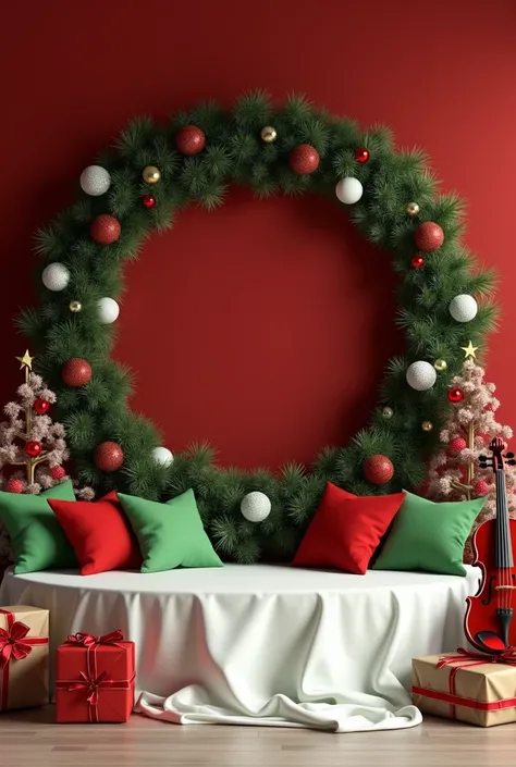  Create a realistic setting where there is a wall with red terracotta fabric, In front a 2-meter-high circle ,  covered with pine branches and Christmas ornaments ,  on the front have a large white cloth , green and red pillows ,  a violin on the right and...