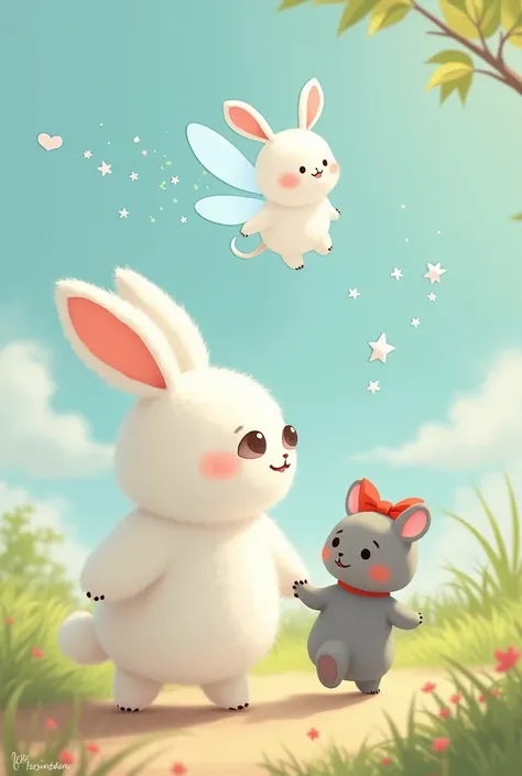  nico estaba caminando con Lila y estaba imaginadose a un hada (Make an imaginary cloud with a fairy above Nicos head, the rabbit)  ( nico is a beautiful white and fluffy rabbit like a cloud)  Lila (Lila es una ratoncita gris con rosado y un lazo rojo en l...