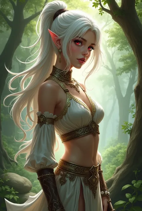 RPG-style image of a young woman with tied white hair and red eyes, Full-body, in a forest. 