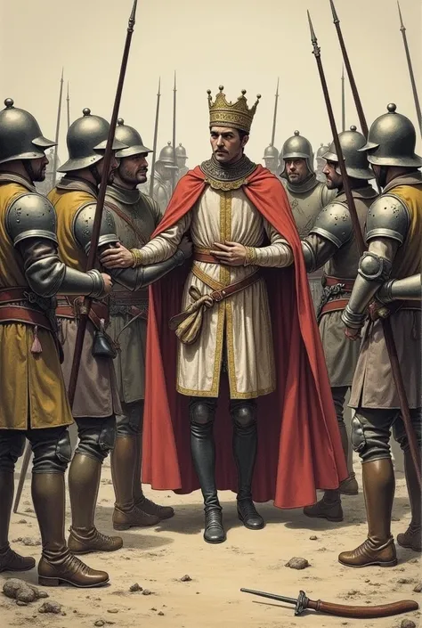 French King Captured  (1356):  Illustration of Jean II of France taken prisoner by British soldiers after the Battle of Poitiers.