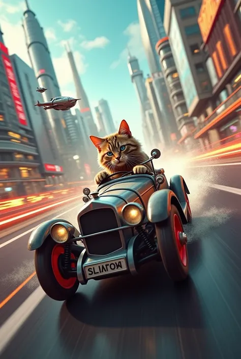 Cat,Within car,Driving , in futuristic city, With old car,in high velocity
