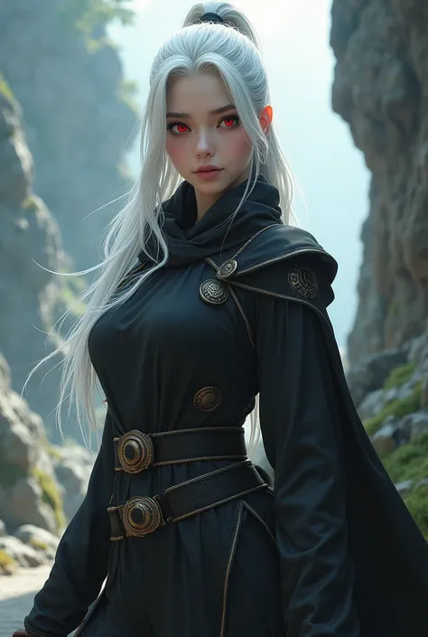 RPG-style image of a young woman with tied white hair and red eyes, full body black clothes made for exploration