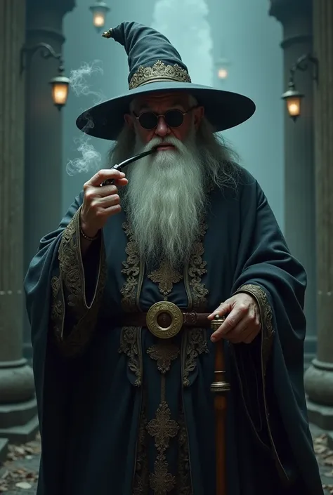 Image of a hairless wizard , white bearded, hat,  smoking a pipe with sunglasses and an angry face