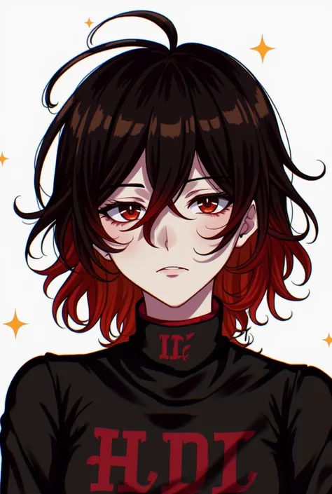 The D Side HZ is a younger version ,  with a serious expression and rebellious look ,  layered red and black hair and black clothing with red details,  reflecting a determined and perhaps aggressive attitude .