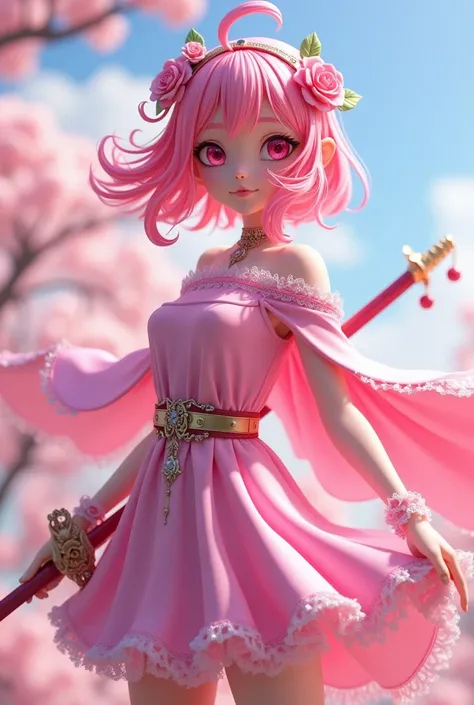 3d anime with pink hair and pink eyes She is wearing a pink dress with a belt and a cape she is wearing a flower on her head a sword