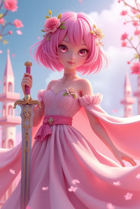 3d anime with pink hair and pink eyes She is wearing a pink dress with a belt and a cape she is wearing a flower on her head a sword