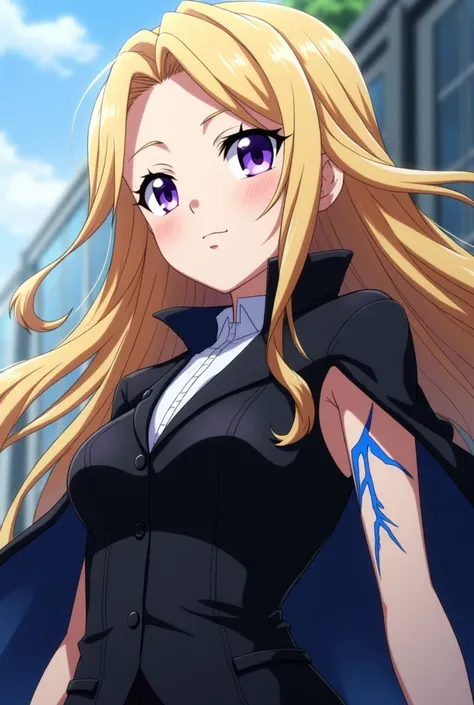 Screenshot of Dr..stone (the anime).A girl with long blonde hair and violet eyes,light skin with a small blue crack-like line on his right arm,I have you a black leather suit with a black cape 
