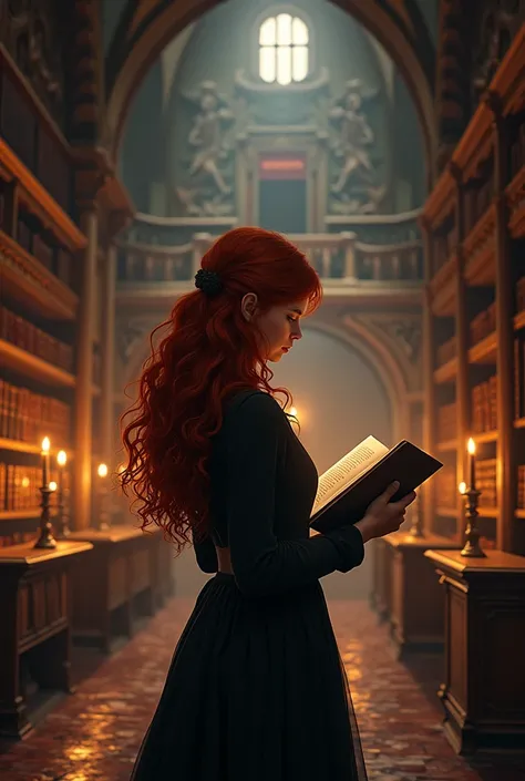 Vielle bibliothèque dans un château roumain avec une jeune fille rousse aux longs cheveux moyennement bouclés, habillée dans un style vestimentaire dark academia , elle tourne le dos et lis un livre 