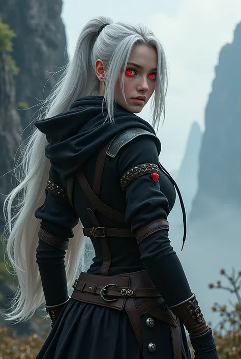 RPG-style image of a young woman with tied white hair and red eyes, full body black clothes made for exploration