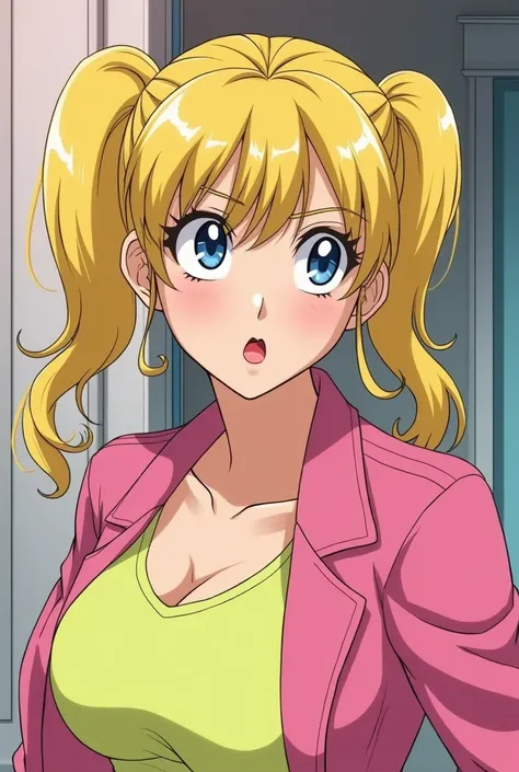  Serena a beautiful blonde woman with a .two pigtails in the shape of chongos ,  blue eyes ,  beautiful face, mischievous look,  red lips,  hairstyle looking in the mirror dressed in lemon green with a pink jacket with a curvy body,  anime style from the 9...