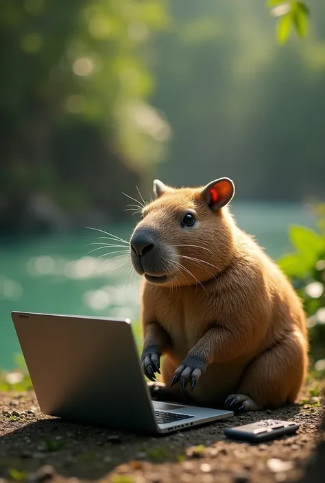 creates a programmer capybara sitting with a computer, without humanizing