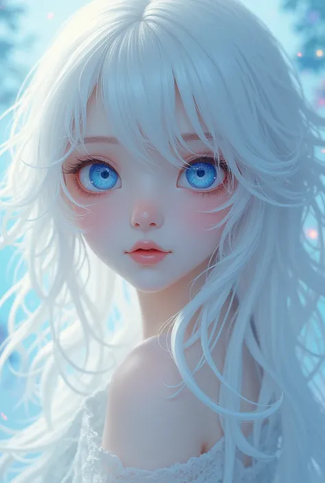 Albino woman with blue eyes wavy hair anime 