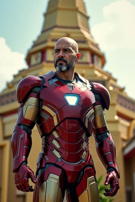 iron man without mask, he is bald with light beard,standing looking sharply with the background of the Thai temple .