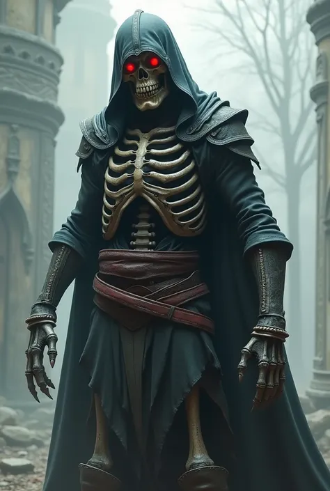 Visualize a fearsome hybrid creature that merges the eerie presence of a skeleton with the stealthy elegance of an Assassins Creed assassin. This monstrous being stands tall, its skeletal frame starkly contrasted against dark, flowing leather armor that re...