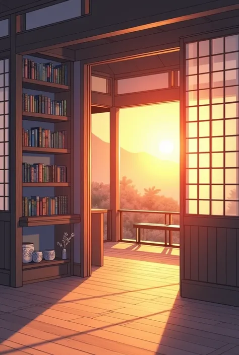 Illustration du séjour dune maison japonaise avec la lumière du coucher de soleil qui illumine la pièce  et des livres et décoration traditionnelle 