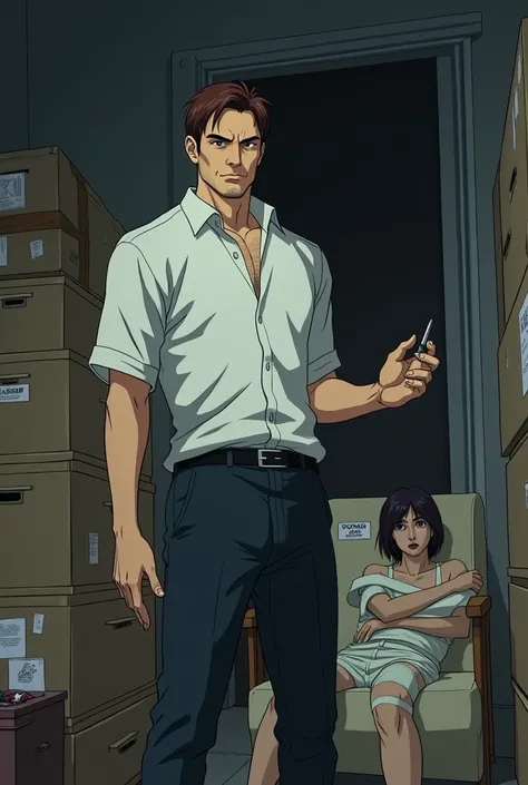 Faça o Dexter  Morgan  da série "Dexter "  in anime wearing his classic clothing that he uses only for murders in a scenario where he has a man trapped with a lot of adhesive tape holding him making it impossible to move, This one on an apple is inside a h...