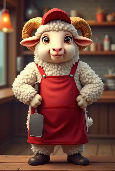 Give me a very masculine little lamb mascot 
with a red cap and apron and with a spatula in his hand for a snack bar