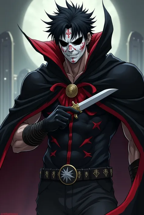 a strong man, who wears a black cape with red details, white mask with red runic symbols, black eyes without pupils, black messy hair, anime style, anime art, black cape, broad shoulders, holding a sharp knife, black leather gloves, evil, very evil, black ...