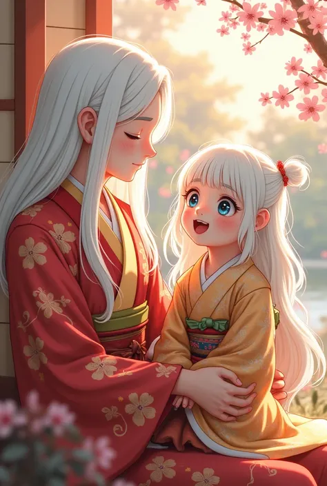  Albino woman with blue eyes long wavy hair, Japanese woman wears a kimono , age 5 ,  with her 24-year-old albino dad with long hair, playing, animation