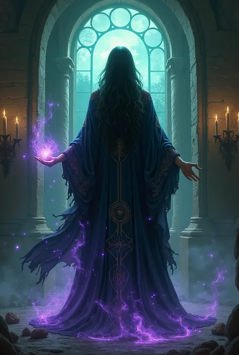 

"Surrounded by a halo of flickering candlelight, a powerful witch stands tall, her long, raven-black hair cascading down her dark, velvet cloak, adorned with intricate, mystical symbols that shimmer like stars, as her piercing emerald eyes gleam with anc...