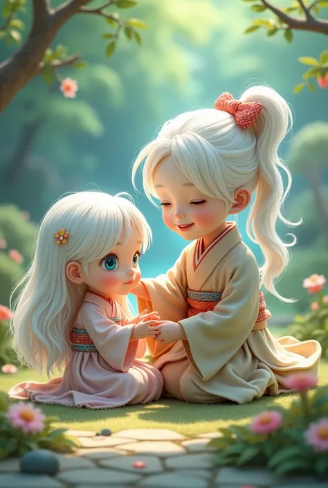  Albino woman with blue eyes long wavy hair, Japanese woman wears a kimono , age 5 , with his 24-year-old albino dad with slightly long hair, playing, animation