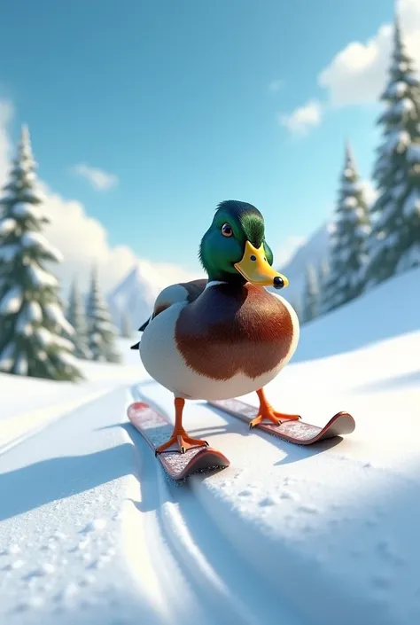 A duck skiing 