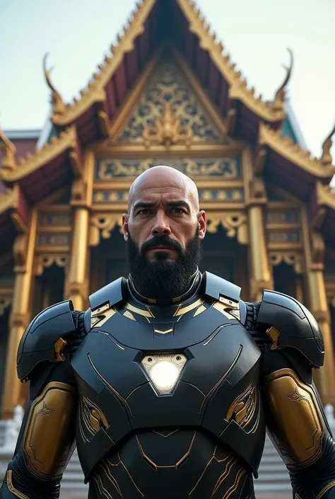 iron man without mask, he is asian bald with light black beard,standing looking sharply with the background of the Thai temple 