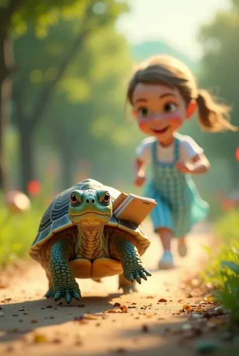 Turtle with a notebook in its shell chases a teacher wearing a light blue and white checkered apron who is running ahead. real image