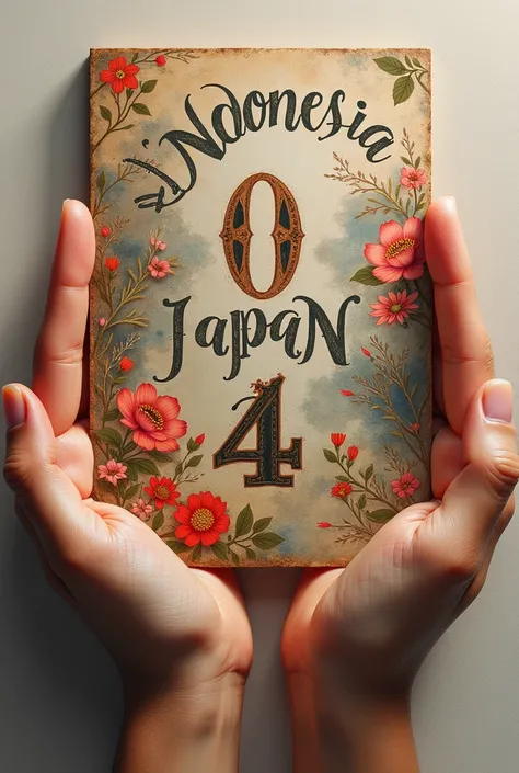 Write INDONESIA 0 and JAPAN 4 on drawing paper using a nice and beautiful font with a background of a person showing a painting of the name.! but just show his hands