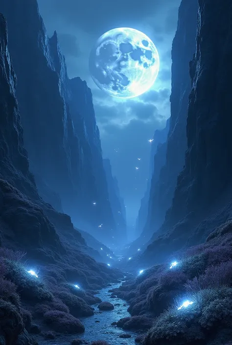 A vast canyon under an eclipsed moon, where the landscape glows in eerie silver and deep indigo. The canyon walls are made of semi-transparent crystal formations, reflecting the cosmic light from above. Small, glowing creatures with delicate wings float ac...