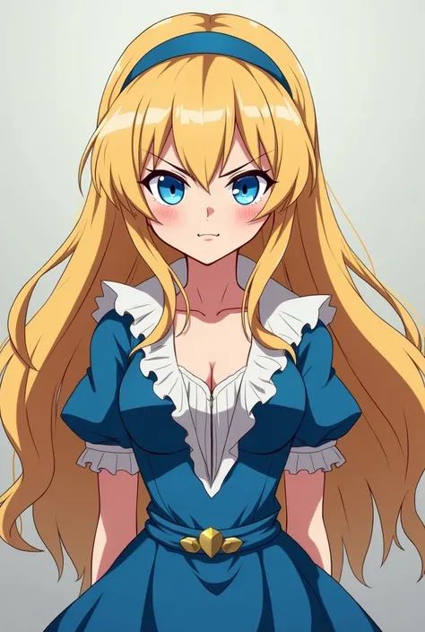 Cute Blonde Anime Empress Maria Robtink with blue eyes wearing a blue headband and wearing a Blue Dress with a Massive Popped Collar taller than her head. Shes Angry at you.