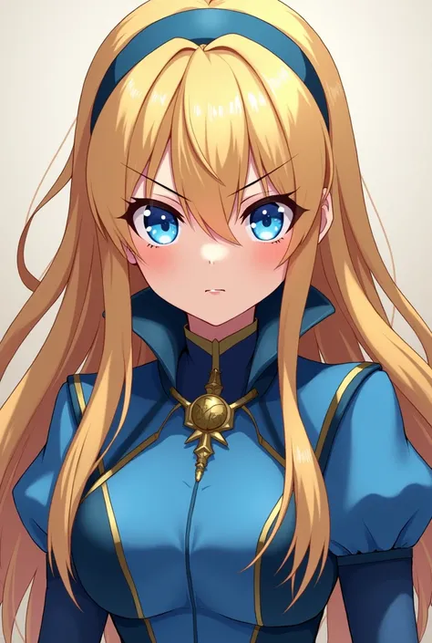 Cute Blonde Anime Empress Maria Robtink with blue eyes wearing a blue headband and wearing a Blue Dress with a Massive Popped Collar taller than her head. Shes Angry at you.