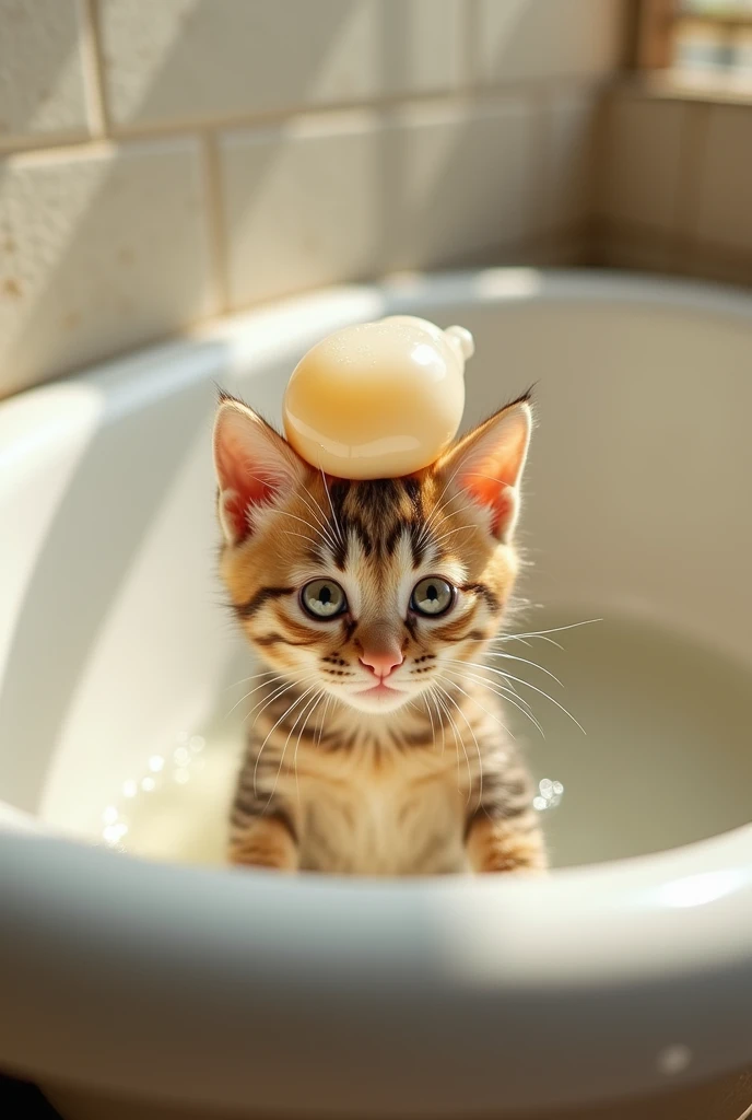 A KITTEN BATHING IN THE BATHTUB WITH A BOTTLE OF SHAMPOO ON ITS HEAD