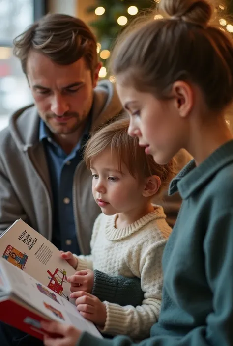  A  looking at a catalog of toys with an expression of desire, while their parents talk quietly , preocupados.  The scene could reflect the desire to offer something special ,  but the difficulty in doing so due to the economic situation .