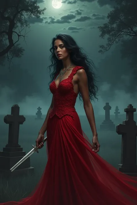 Draw Pombojira Maria Padilha of souls shes black in a shady cemetery,  surrounded by ancient headstones and a low, flowing fog .  She must wear a vibrant red dress , elegant and detailed ,  that flows in dramatic waves in the wind . In one hand,  she holds...