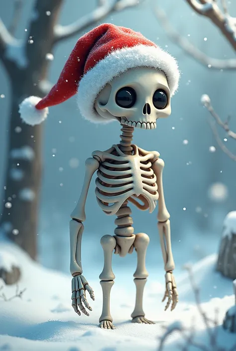 An unrealistic anime skeleton with a Christmas cap, with a snow background .
