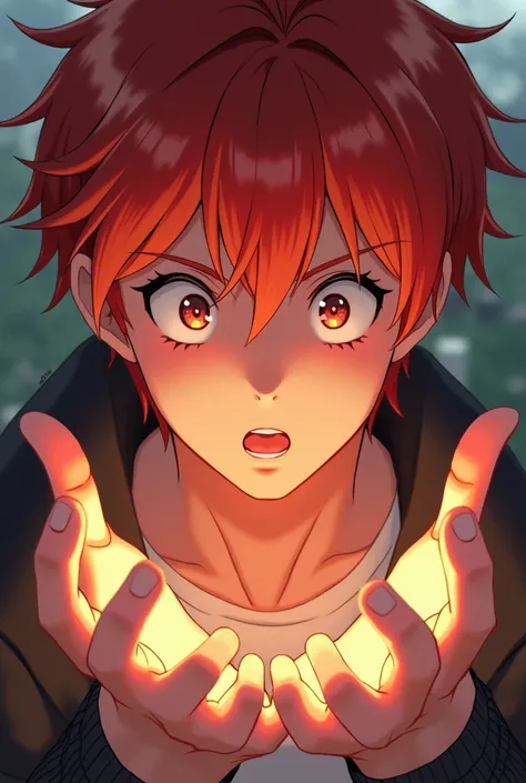 Young red-haired man looking at his hands in surprise,  anime style