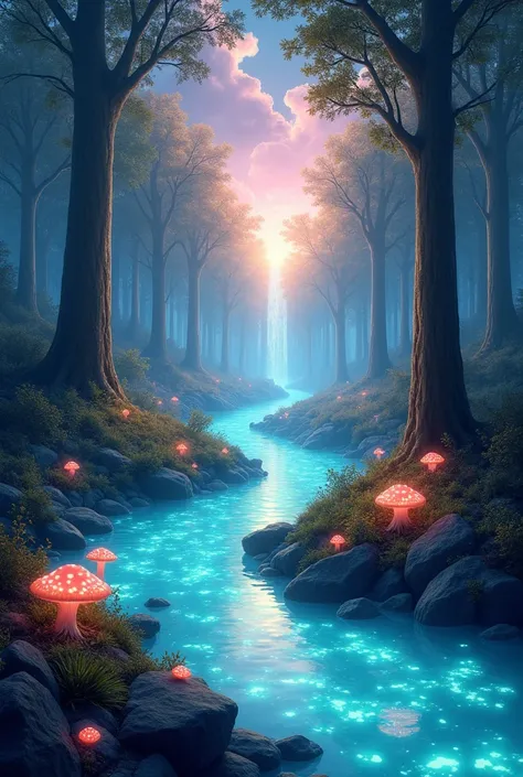 A winding river made of liquid crystal flowing through an ancient forest of towering trees. The forest is filled with glowing fungi, translucent flowers, and ethereal creatures that glow softly. Above, the sky is an explosion of soft colors, with radiant b...